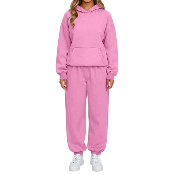 Nokdvo Women 2 Piece Outfits Fall Winter Long Sleeve Casual Hoodie Sweatsuit Ribbed Pants Tracksuits with Pockets,Pink 2XL