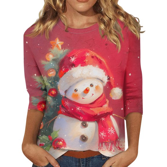Nokdvo Women Christmas Tops Lightweight Snowman Printing Crewneck 3/4 Sleeve T-Shirts Casual Loose Fit Xmas Sweatshirt Tops,Wine S