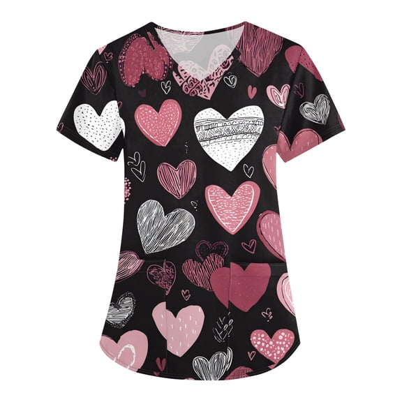 Nokdvo Women Scrub Tops Fashion Valentines Print V Neck Loose Pullover Casual Short Sleeve Fall Medical Uniform with Pockets,White XL