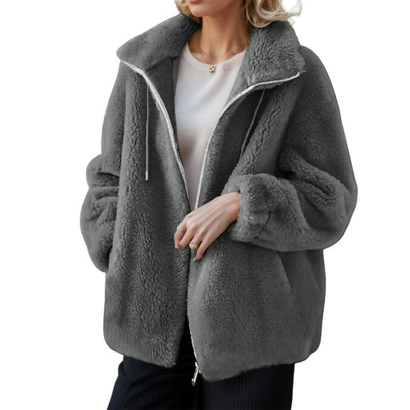 Nokdvo Women Sherpa Jacket Soft Comfy Fleece Zip Up Cardigan Stand Collar Long Sleeve Drawstring Casual Coats with Pockets,Dark Gray L