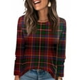 thumbnail image 1 of Nokdvo Women Sweatshirt Trendy Plaid Crew Neck Pullover Long Sleeve Casual Loose Fit T Shirts,Wine M, 1 of 5