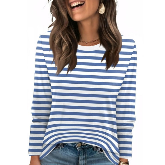 Nokdvo Women Sweatshirts Lightweight Striped Crewneck Pullover Long Sleeve Casual Loose Fit Tops,Light Blue 2XL