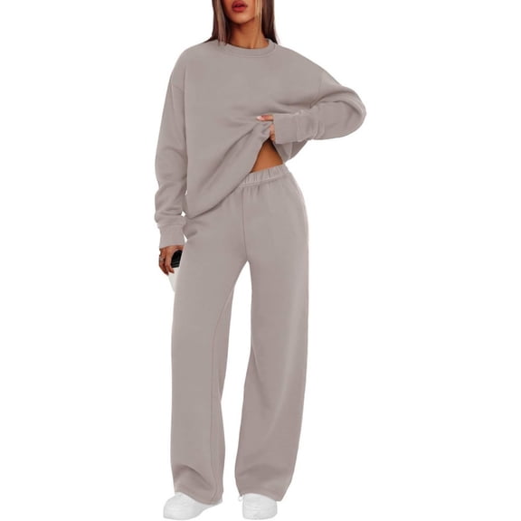 Nokdvo Women Two Piece Outfits Sets Lightweight Casual Long Sleeve Pullover Tops Wide Leg Pants Round Neck Solid Color Fall Winter Sweat Suit with Pockets,Complexion L
