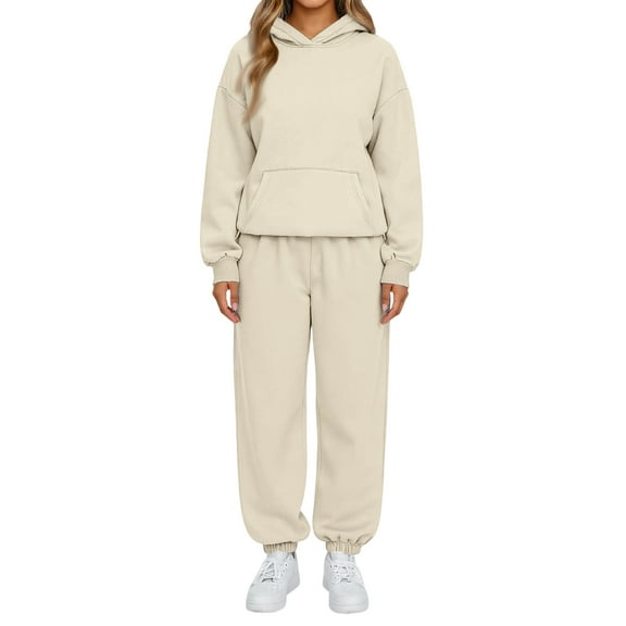Nokdvo Women Two Piece Outfits Trendy Long Sleeve Casual Hoodie Sweatsuit Ribbed Tracksuit with Pockets,Khaki S