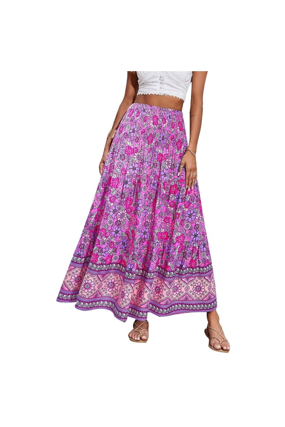 Women's 2025 Boho Maxi Skirts Summer Vocation Beach Long Skirts Casual Flowy High Waist Skirt A Line Floral Trendy Skirt Pleated Mini Skirts Purple Pink