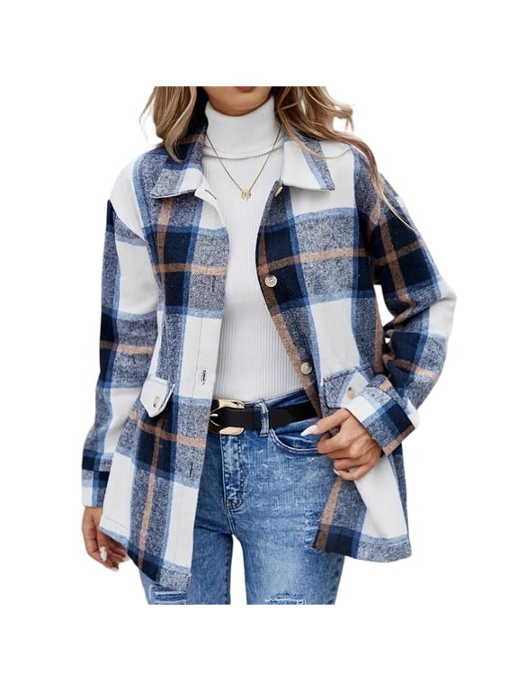 Women's Flannel Plaid Shacket Jackets Long Sleeve Button Down Shirts Oversized Fuzzy Fleece Jackets Fall Fashion Casual Outwear Coat Blue 2XL