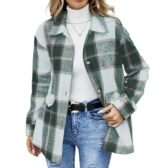 Nokdvo Women's Flannel Plaid Shackets Jacket Long Sleeve Button Down Shirts Oversized Fuzzy Fleece Jackets Fall Fashion Casual Outfits Green S