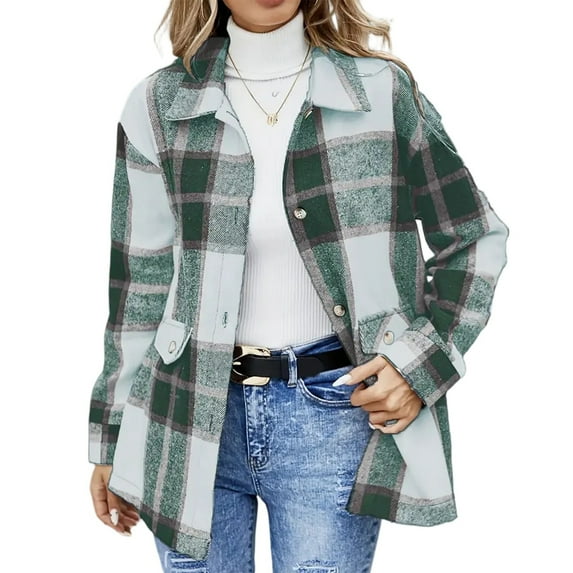 Nokdvo Women's Flannel Plaid Shackets Jacket Long Sleeve Button Down Shirts Oversized Fuzzy Fleece Jackets Fall Fashion Casual Outfits Green S