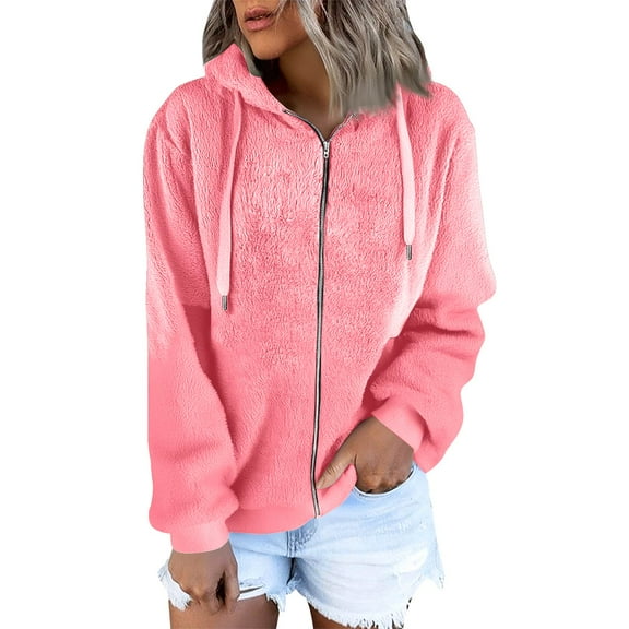 Nokdvo Women's Fleece Jacket S-3xl Zipper Hooded Cardigan Coats Solid Color Sherpa Lined Outerwear with Pockets,Pink 2XL
