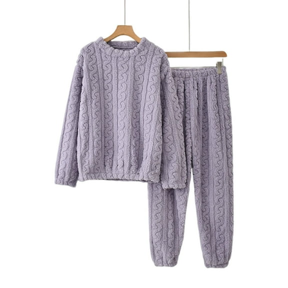 Nokdvo Women's Fleece Pajama Sets Plus Size Fluffy Fleece Jacquard Pullover Crew Neck Ribbed Lounge Set 2 Piece Long Sleeve Casual Loose Sherpa Sleepwear Lounge Sets,Light Purple