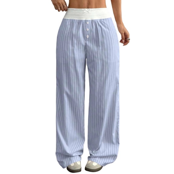 Nokdvo Women's Lounge Pants Sherpa Drawstring Stripe Print Long Trousers Loose summer Pleated Waist Casual Trouser with Pockets,Blue L