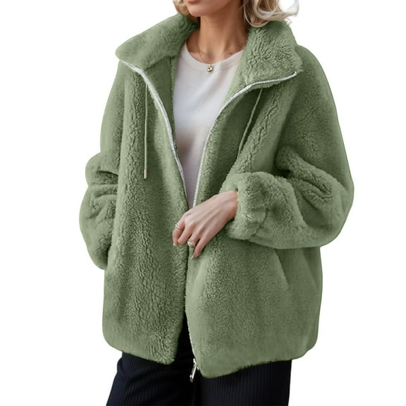 Nokdvo Women's Sherpa Jacket Cozy Fleece Zip Up Cardigan Standing Colla Long Sleeve Drawstring Casual Outerwear with Pockets,Green 2XL