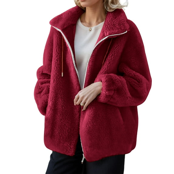 Nokdvo Women's Sherpa Jacket Winter Warm Fleece Zipper Cardigan Standing Colla Long Sleeve Drawstring Casual Outerwear with Pockets,Wine XL