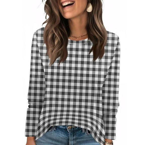 Nokdvo Women's Sweatshirt Fall Winter Plaid Round Neck Pullover Long Sleeve Casual Loose Fitting T Shirts,Black L