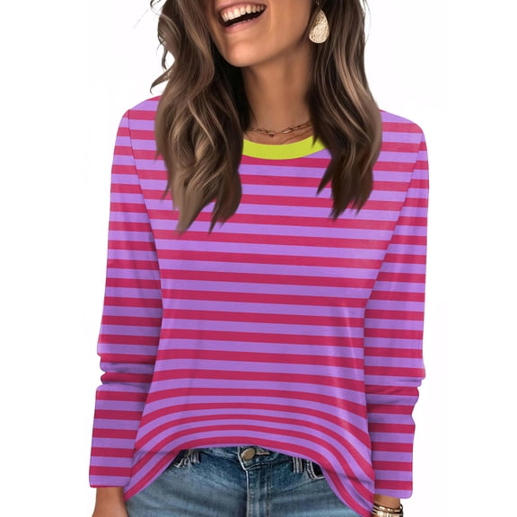 Nokdvo Women’s Sweatshirt Lightweight Striped Round Neck Pullover Long Sleeve Casual Loose Fit T Shirts,Hot Pink L