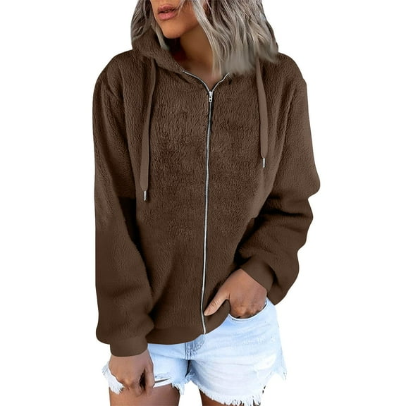 Nokdvo Womens 2025 Winter Fuzzy Fleece Jacket Plus Size Zip Up Hooded Cardigan Coats Solid Color Faux Fur Sweater Outerwear with Pockets,Brown XL