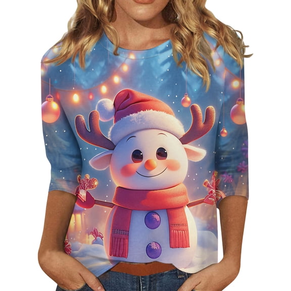 Nokdvo Womens Christmas Sweatshirt Fashion 2025 Xmas Round Neck 3/4 Sleeve Pullover Casual Loose Fit Xmas Sweatshirt Tops,Sky Blue XL