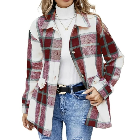 Nokdvo Womens Flannel Plaid Shackets Jacket Long Sleeve Button Down Shirts Oversized Fuzzy Fleece Jackets Fall Fashion Casual Coat Tops Wine XL