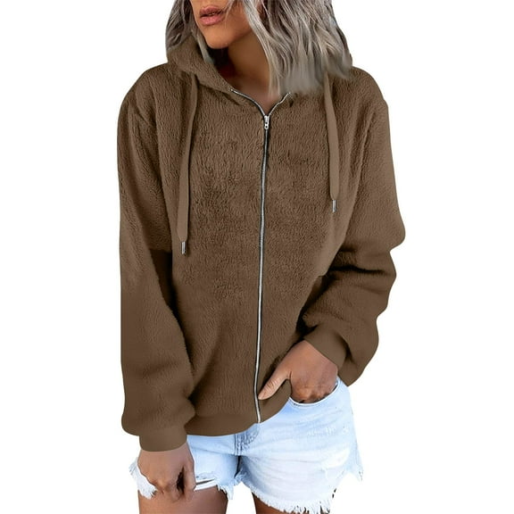 Nokdvo Womens Fleece Jacket Fuzzy S-3xl Zip Up Hooded Cardigan Coats Solid Color Faux Fur Outerwear with Pockets,Khaki S