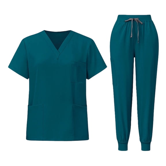 Nokdvo Womens Scrub Set Plus Size V Neck Top & Trouser Elastic Waist Drawstring Scrub Set Spring Summer Loose Nursing Uniform with Pocket,Turquoise XL