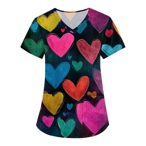Nokdvo Womens Scrub Tops Print Fashion Valentine's Print V Neck Baggy Nursing Scrub Shirts Casual Short Sleeve Fall Nursing Scrub Tops with Pockets,Vermilion XL