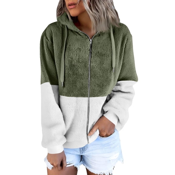 Nokdvo Womens Sherpa Jacket Fuzzy S-3xl Zipper Hoodie Winter Coats for Women Plus Size Color Block Faux Fur Outerwear with Pockets,Green 2XL