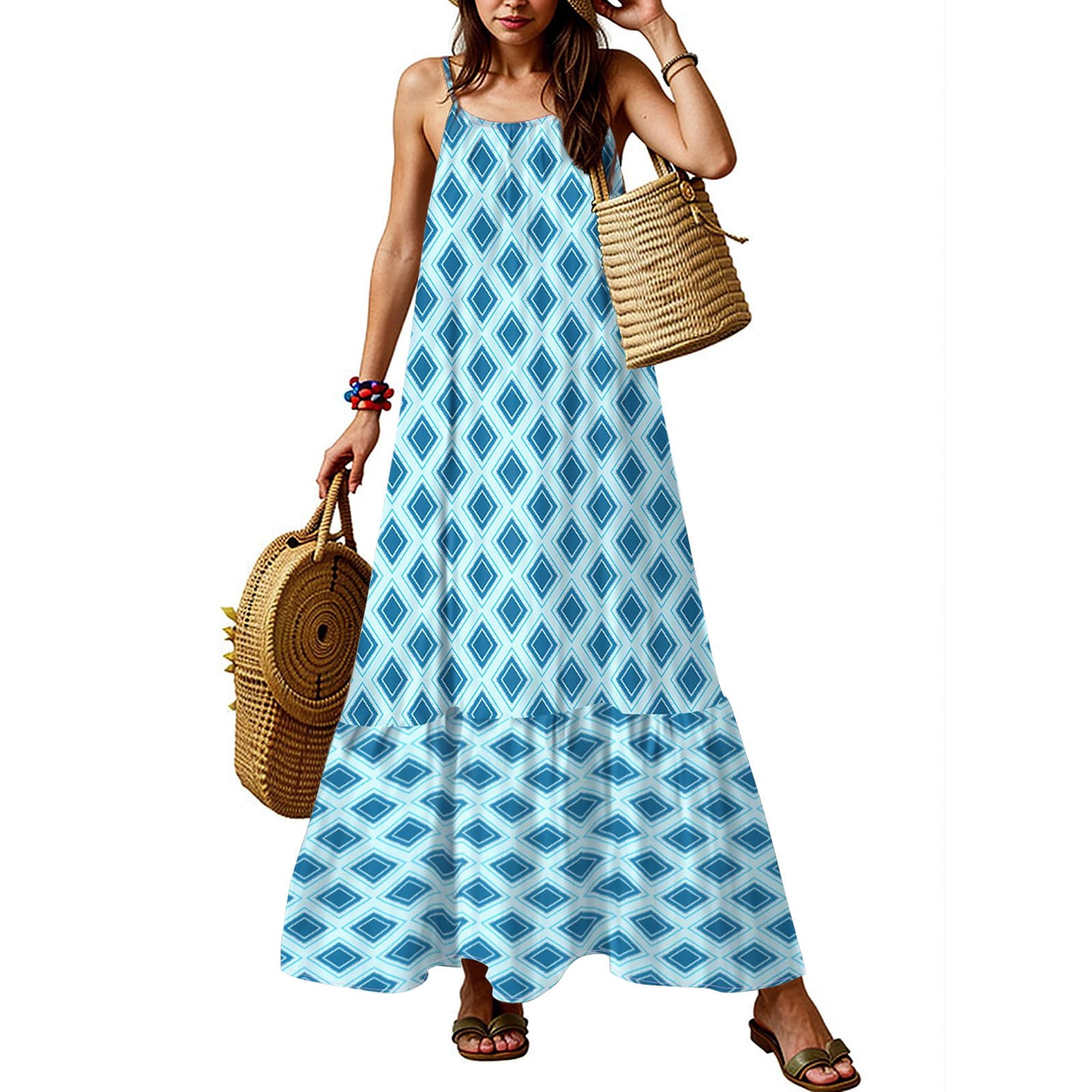 Zeagoo Women's Flowy Tiered Maxi Dress - Adjustable Spaghetti Strap, With Pockets, Summer Beach Sundress