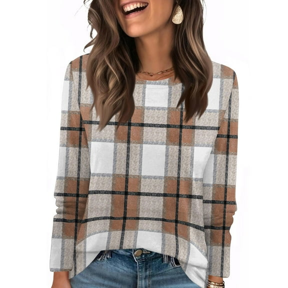 Nokdvo Womens Sweatshirts Fall Winter Plaid Round Neck Pullover Long Sleeve Casual Loose Fit T Shirts,Khaki M