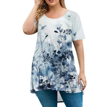 Nokdvo Womens Tops Plus Size 4x-5x Trendy Crewneck T Shirts Floral Graphic T-Shirt Short Sleeve Blouses Loose Fit Casual Blouses Blue 5XL