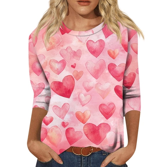 Nokdvo Womens Valentines Day Shirt Fashion Valentine's Day Print Crew Neck Loose Shirts 3/4 Length Sleeve Fall Tunic T Shirt Top,Watermelon Red XL