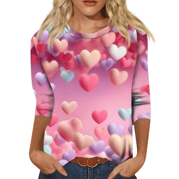 Nokdvo Womens Valentines Day Shirt Lightweight Valentine Day Print Crew Neck Loose Pullover 3/4 Sleeve Fall Tunic T Shirt Top,White S
