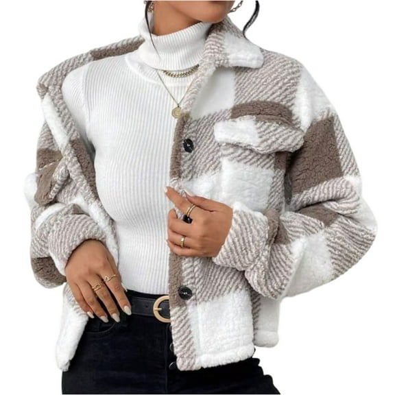 Nokdvo Womens Winter Coats Cropped Fleece Jackets Plaid Lapel Button Down Outwear Fashion Long Sleeve Warm Fuzzy Teddy Coat with Pockets Khaki L