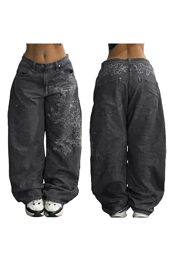 Y2k Hip Hop Street Jeans for Women Wide Leg High Waist Jeans Skeleton Printed Embroidered Jean Pocket Y2k Gothic Baggy Loose Fit Stylish Streetwear Outfits,Black S