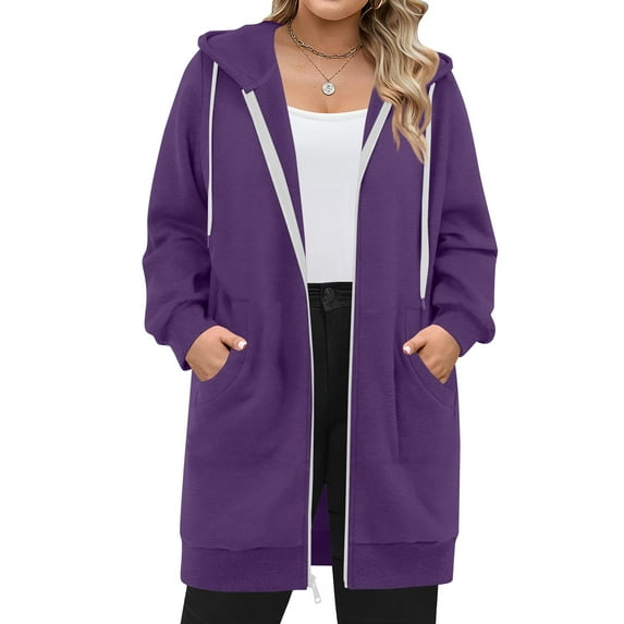 Nokdvo Zip Up Hoodie for Women Long Tunic Hooded Sweatshirt Fall Oversized Long Sleeve Jacket Athletic Casual Cardigan Coat with Pockets Dark Purple XL