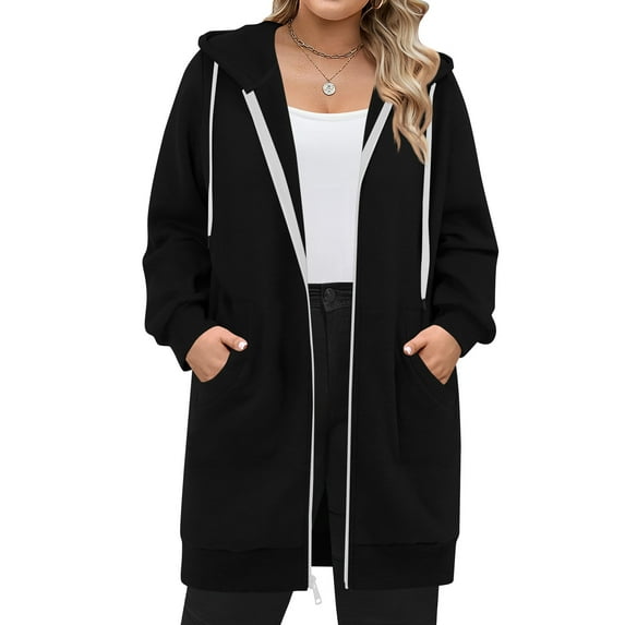 Nokdvo Zip Up Hoodie for Women Oversized Long Tunic Hooded Sweatshirts Athletic Casual Fleece Jackets Fall Winter Outerwear Coats with Pockets Black XL