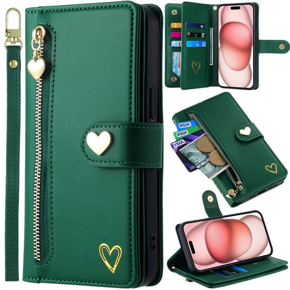 for Nokia G20/G10 Phone Case Leather Wallet Pocket Folio Flip Cover Kickstand, 3 Layer Multi Card Holder Cash Slot Photo Bag, Golden Love Zipper Puller + Magnetic Buckle, Wrist Strap