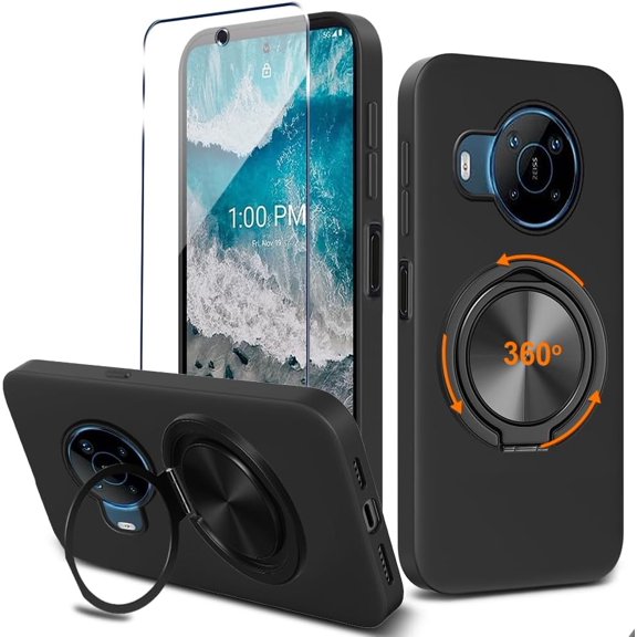 for Nokia X100 5G Phone Case with Screen Protector, 360 Rotatable Ring Holder Kickstand/Stand Silicone TPU Shockproof Protective Cover Case for Nokia X100 5G 6.67 inch - Black