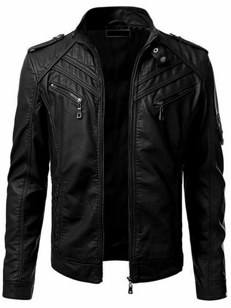 Nokiwiqis Men´s Leather Jacket Stand Collar Zipper PU