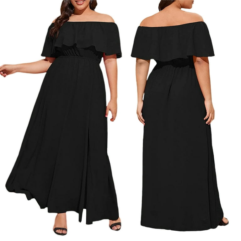 Nokiwiqis Off Shoulder Dress Solid Color Short Sleeve Boat Neck Slit One piece