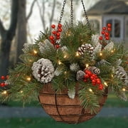 Nokiwiqis Pre-Lit Artificial Christmas Hanging Basket with Led Lights,Hanging Flowers in Basket with Pine Cones and Berries,Ornament for Porch Indoor Outdoor Decor Garden Patio Lawn