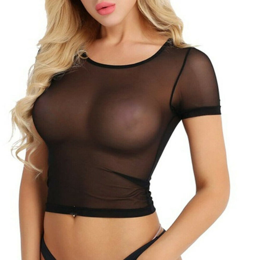 Nokiwiqis Sexy Womens See through Lace Mesh Sheer Short Sleeve