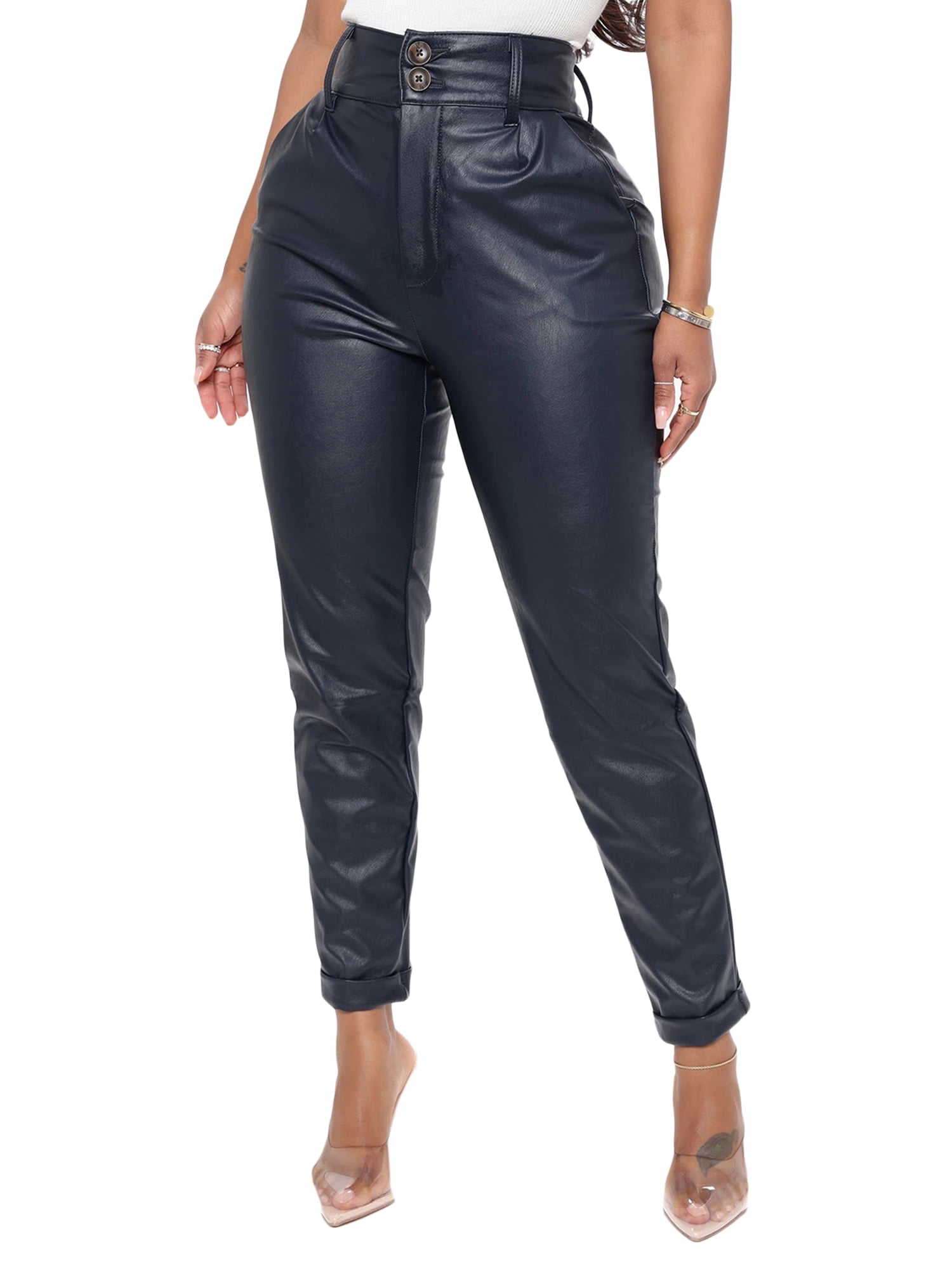 Nokiwiqis Women Casual Leather Pants Adults High Waisted Solid Color Zipper Trousers Black Wine Red Navy Blue Walmart
