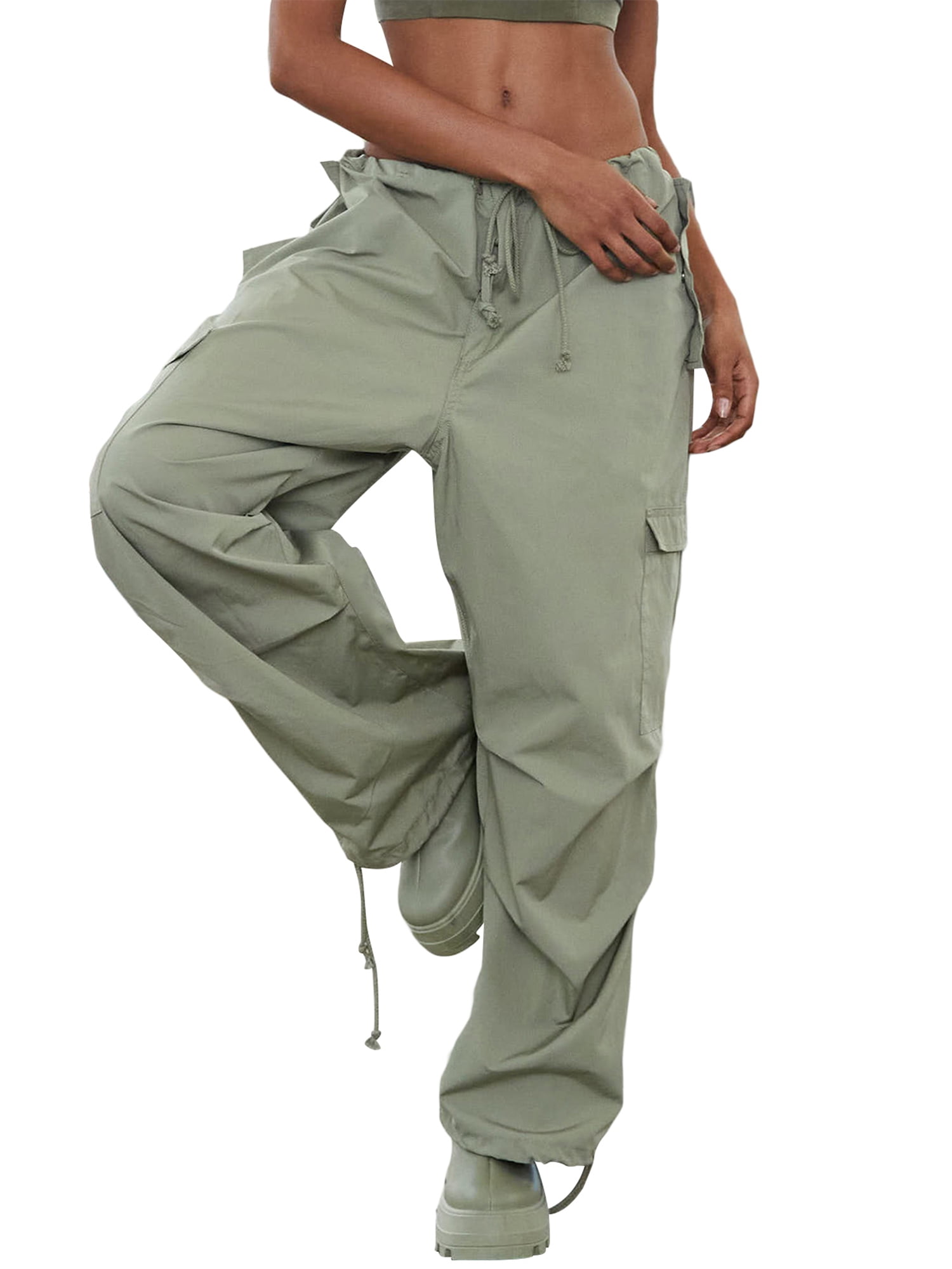 Nokiwiqis Women Low Waist Cargo Pants for Women Parachute Pants Wide Leg Loose  Baggy Pants Trousers Streetwear 