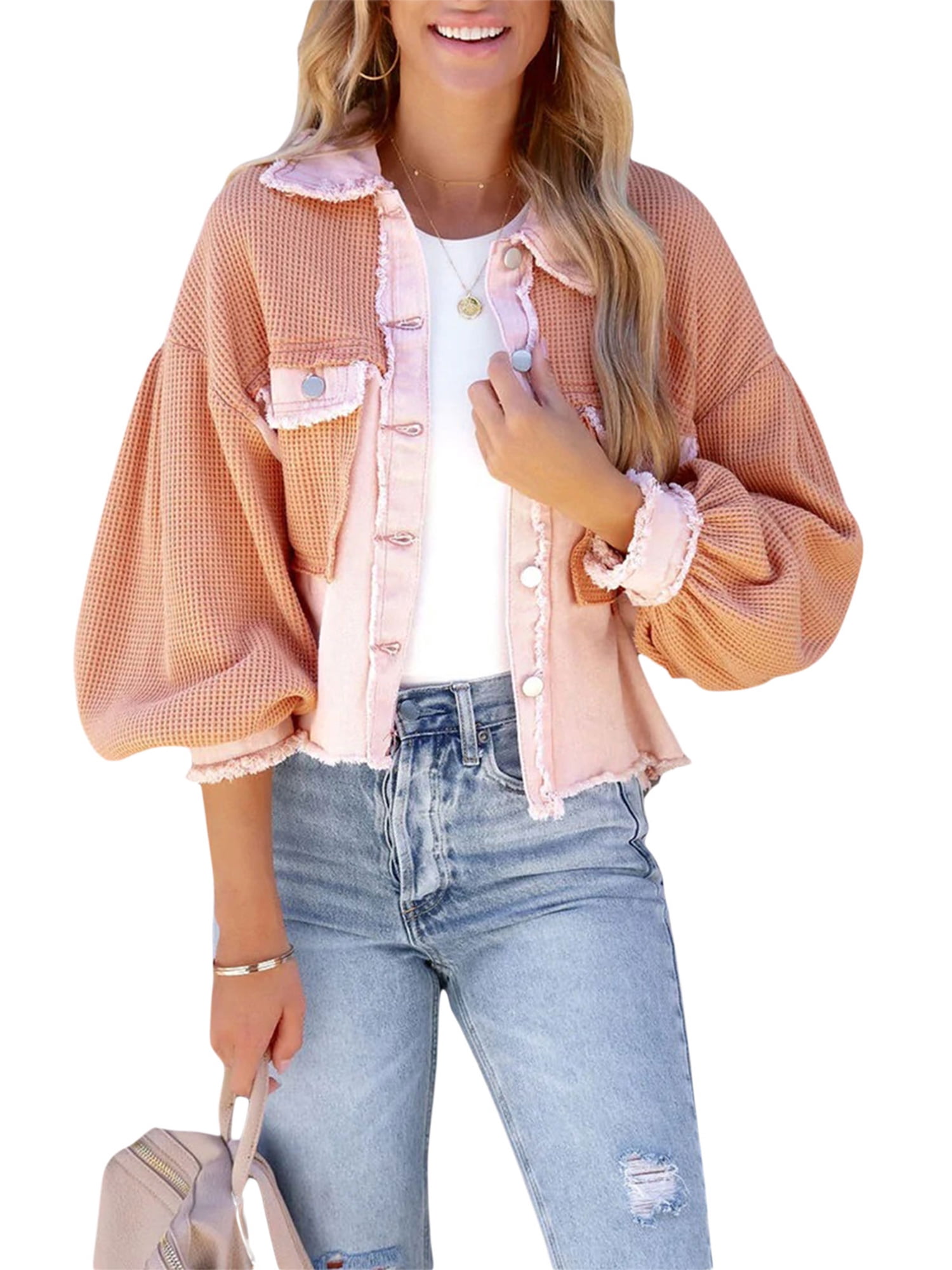 Monrow Women's Vintage Shirt Jacket - Collared, Button Front, Side Pockets, Breathable Cotton Fabric