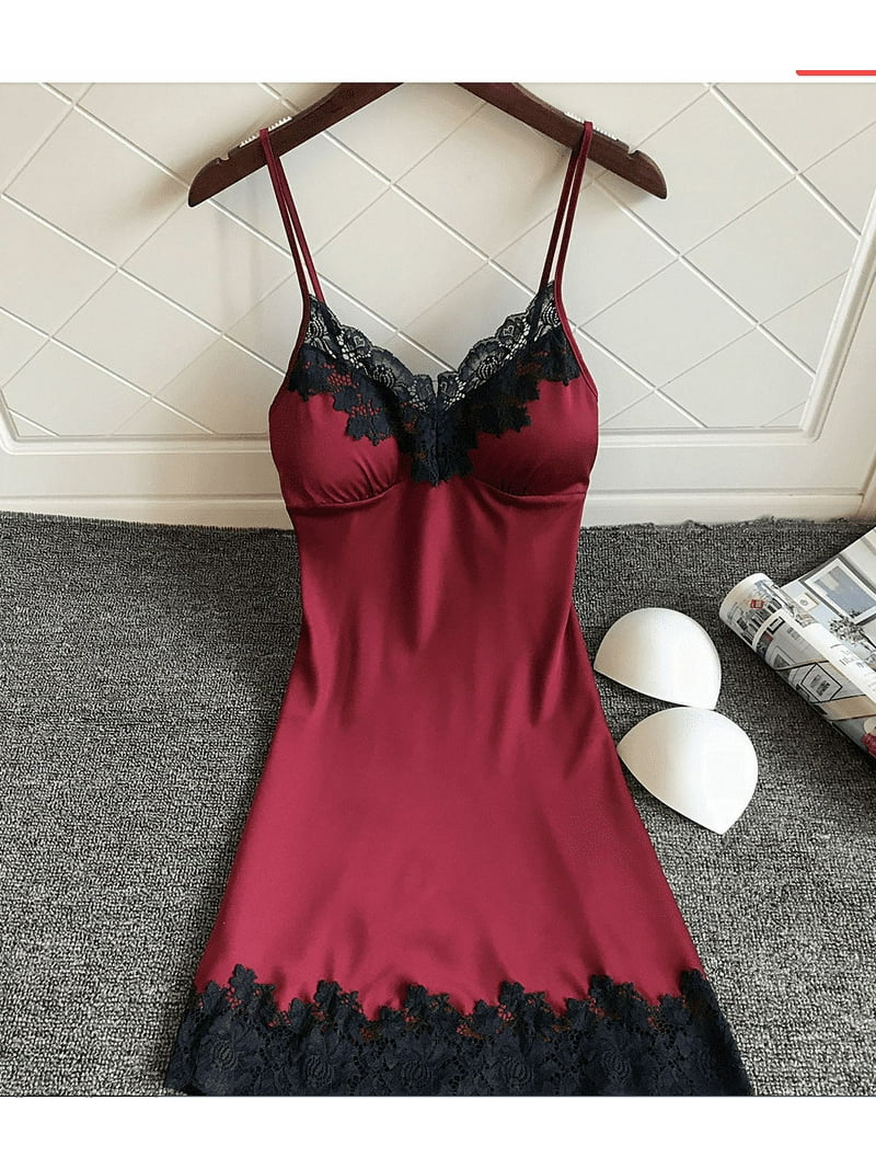 Nokiwiqis with Chest Pads Ladies Silk Satin Night Dress Sleeveless