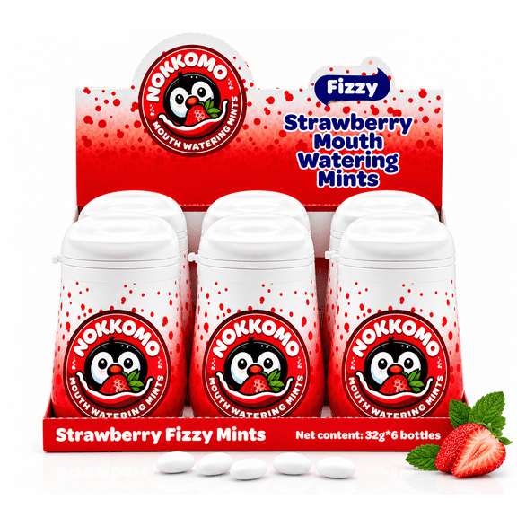 Nokkomo Strawberry Fizzy Mints for Dry Mouth & Cotton Mouth Relief, Sugar Free, 40 Count (Pack of 6)