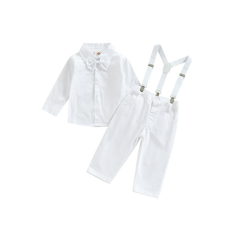 Nokpsedcb Kids Toddler Boys Gentleman Clothes Sets Solid Color Long Sleeve  Lapel Button Shirt + Tie+ Suspender Pants White 2-3 Years 