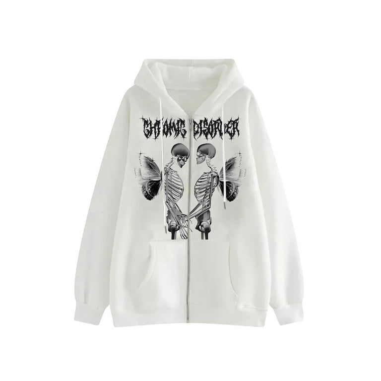Nokpsedcb Women hoodie Zip up Oversized Top Gothic Clothes Alt Sweatshirt Aesthetic Long Sleeve Vintage Punk Blouse White 1 L