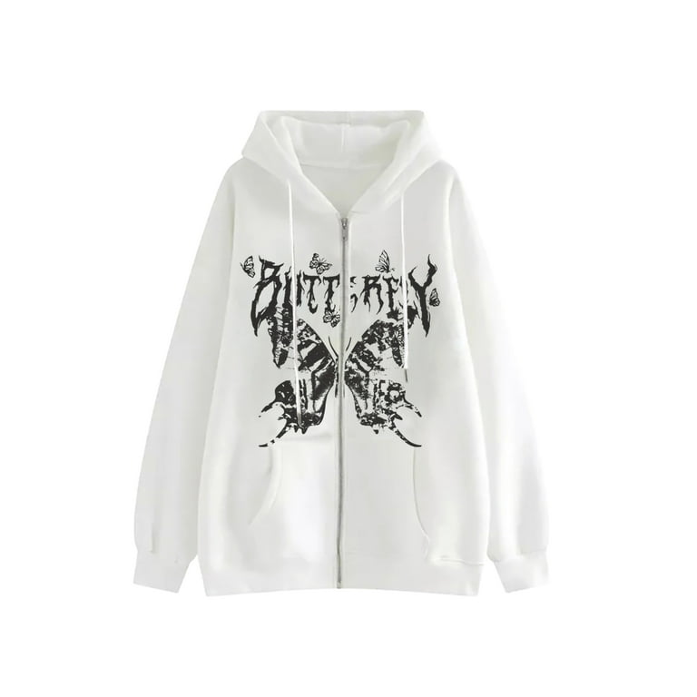 Nokpsedcb Women hoodie Zip up Oversized Top Gothic Clothes Alt Sweatshirt Aesthetic Long Sleeve Vintage Punk Blouse White S