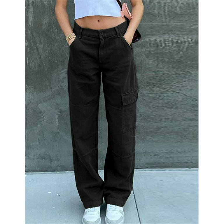 Women's baggy high-waisted jeans with side pockets  Pants for women,  Casual streetwear, Cargo pants women
